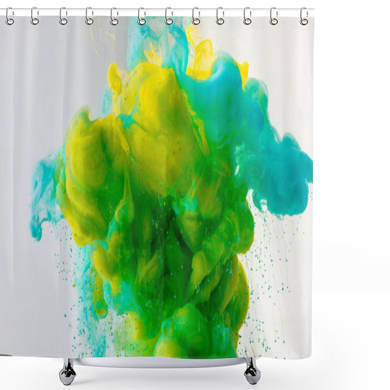Personality  artistic background with flowing turquoise, yellow and green paint in water, isolated on grey shower curtains