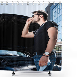 Personality  Low Angle View Of Stylish Man In Sunglasses Standing Near Broken Car With Opened Bonnet  Shower Curtains