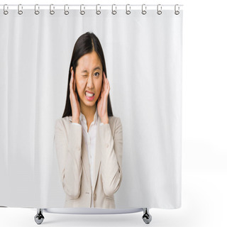 Personality  Young Chinese Business Woman Isolated Covering Ears With Hands. Shower Curtains