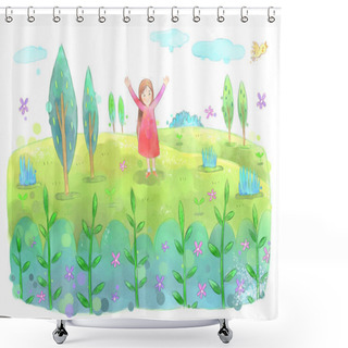 Personality  Women Going Out On A Gentle Spring Field. Shower Curtains