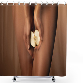 Personality  Cropped View Of Woman In Nylon Tights Holding Apple Half Isolated On Brown Shower Curtains