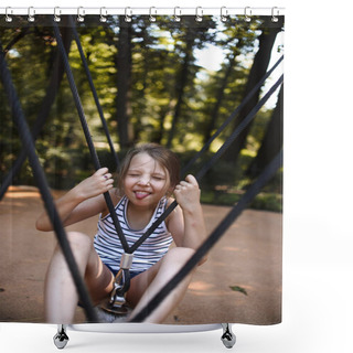 Personality  Little Girl Playing While Swinging On Rope Swing In Playground At Sunny Summer Day  Shower Curtains