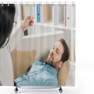 Personality  Young Woman With Pendulum Hypnotising Bearded Man With Closed Eyes Lying On Couch Shower Curtains