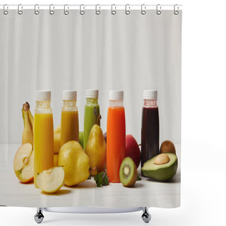 Personality  Fresh Fruits And Detox Smoothies In Bottles On White Wooden Surface    Shower Curtains