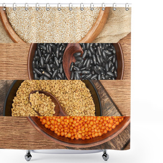 Personality  Collage Of Different Raw Groats On Wooden Table Shower Curtains
