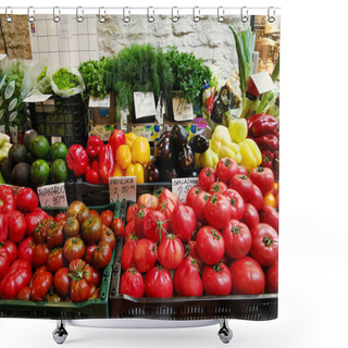 Personality  Tallinn, Estonia-August 2019, Vegetable Market. Tomatoes, Variety Of Colored Vegetables Shower Curtains