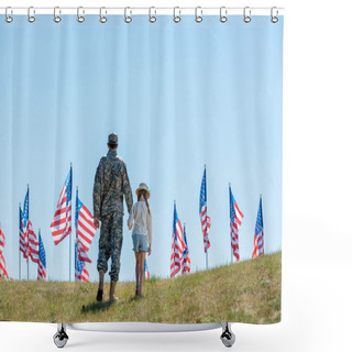 Personality  Back View Of Father In Military Uniform Holding Hands With Daughter Near American Flags  Shower Curtains