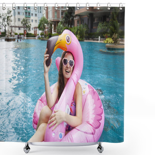 Personality  Caucasian Woman Relaxing In Swimming Pool With Pink Flamingo Inflatable Ring And Smiling On Camera  Shower Curtains