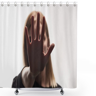 Personality  Selective Focus Of Victim Of Bullying Showing Stop Sign Isolated On White Shower Curtains