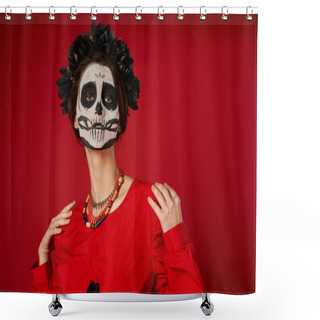 Personality  Woman In Traditional Dia De Los Muertos Skull Makeup And Colorful Beads Looking At Camera On Red Shower Curtains