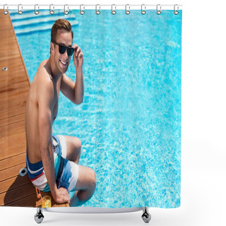 Personality  Positive Delighted Man Sitting Near Swimming Pool Shower Curtains