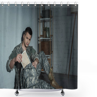 Personality  Military Veteran With Emotional Distress Taking Photo Frame From Backpack At Night  Shower Curtains