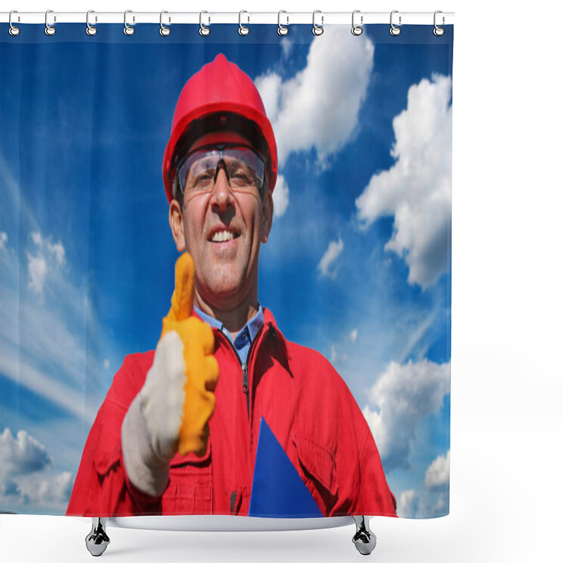 Personality  Worker In Red Hard Hat And Coveralls Gesturing Thumb Up. Portrait Of A Smiling Petrochemical Engineer Or Construction Supervisor. Shower Curtains