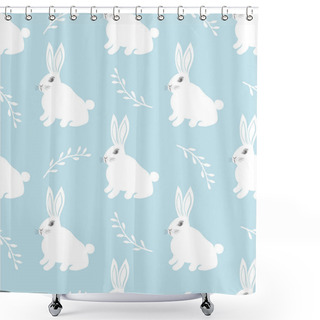 Personality  Seamless Hare Pattern. Cute Little Bunny On A Blue Background. Cute Rabbit Vector Design For Fabric And Decor Shower Curtains