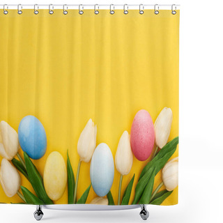 Personality  Top View Of Tulips And Painted Easter Eggs On Colorful Yellow Background Shower Curtains