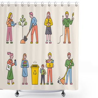 Personality  People Who Protect The Environment In Various Ways. Flat Design Style Minimal Vector Illustration. Shower Curtains
