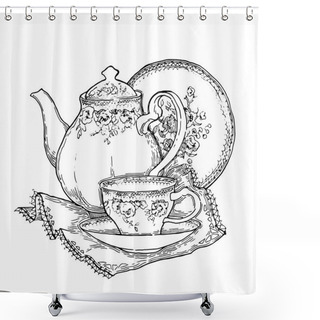 Personality  Hand Made Sketch Of Tea Sets. Vector Illustration. Shower Curtains