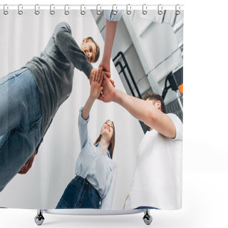 Personality  Low Angle View Of Smiling Coworkers Holding Hands In Office  Shower Curtains
