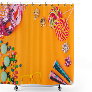 Personality  Flat Lay With Candies And And Party Objects Isolated On Orange, Purim Holiday Concept Shower Curtains