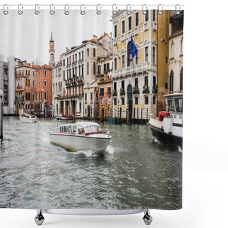 Personality  Motor Boats Floating On Canal Near Ancient Buildings In Venice, Italy  Shower Curtains