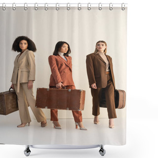Personality  Full Length Of Young Multicultural Women In Trendy Suits Holding Suitcases On White Shower Curtains