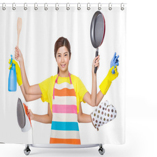 Personality  Multitasking Housewife In Apron Shower Curtains