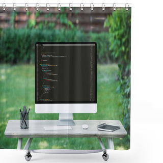 Personality  Selective Focus Of Computer Monitor With  Programming Language Code At Table Outdoors  Shower Curtains