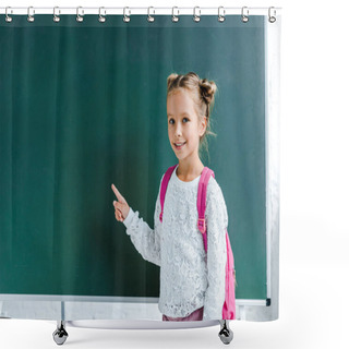 Personality  Cheerful Kid Smiling While Pointing With Finger At Green Chalkboard  Shower Curtains