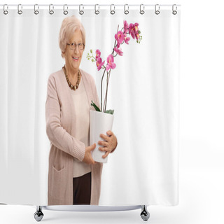 Personality  Mature Woman Holding An Orchid Flower In A Pot Shower Curtains