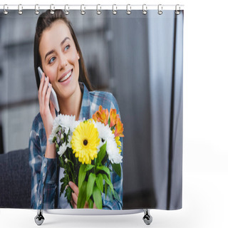 Personality  Smiling Young Woman Holding Bouquet Of Flowers And Talking By Smartphone  Shower Curtains