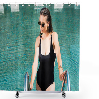 Personality  Beautiful Woman In Sunglasses Posing In Swimming Pool On Resort Shower Curtains