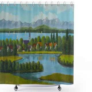 Personality  Oil Painting Of A Lake Landscape With Sailboats In A Village In The Middle And Mountains In The Background Shower Curtains