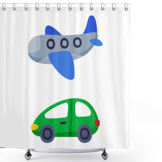 Personality  Green Car And Plane As Colorful Kids Toy Vector Set Shower Curtains