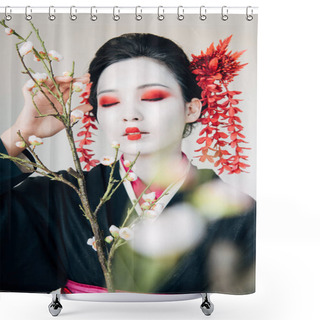 Personality  Selective Focus Of Tree Branches And Beautiful Geisha With Red And White Makeup And Closed Eyes Isolated On White Shower Curtains