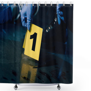 Personality  Partial View Of Investigator In Rubber Gloves With Evidence Marker At Crime Scene Shower Curtains