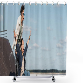 Personality  Excited Asian Man With Outstretched Hands Screaming In Shopping Cart Near Friend, Banner Shower Curtains