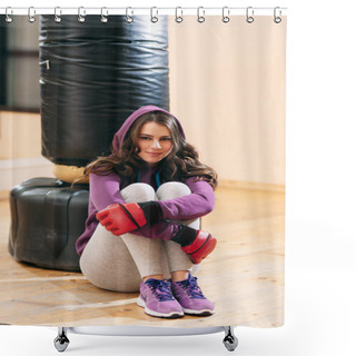 Personality  Sitting Near Punching Bag Young Woman Kickboxer Shower Curtains