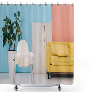 Personality  Room With Yellow Sofa, Highchair And Large Ficus In Flower Pot Shower Curtains