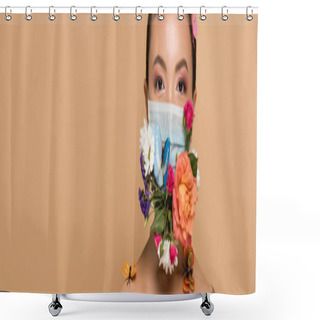 Personality  Panoramic Shot Of Attractive Asian Woman In Floral Face Mask With Butterflies Isolated On Beige Shower Curtains