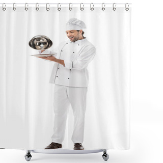 Personality  Expressed Young Chef Taking Of Serving Dome From Plate Isolated On White Shower Curtains