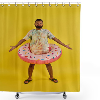 Personality  A Stylish Man In A Tie-dye Shirt Holds A Colorful Donut Float, Standing Amidst A Summery Scene With A Whimsical Touch. Shower Curtains