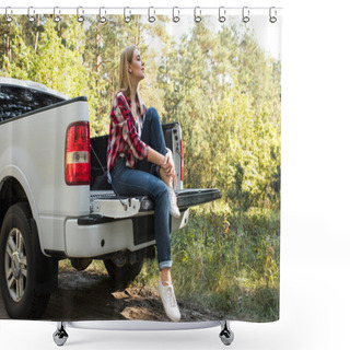 Personality  Side View Of Young Woman Sitting In Trunk Of Pick Up Car Outdoors  Shower Curtains
