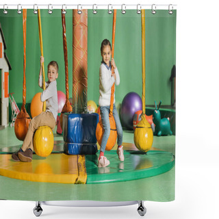 Personality  Cute Happy Little Kids Looking At Camera While Swinging In Entertainment Center Shower Curtains