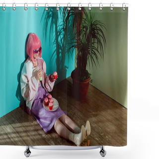 Personality  Smiling Girl In Pink Wig Eating Cupcakes And Drinking Cocktail While Sitting On Floor Shower Curtains