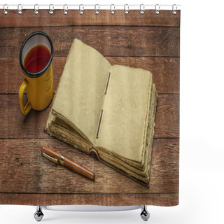 Personality  Antique Leatherbound Journal With Decked Edge Handmade Paper Pages And A Stylish Pen On A Rustic Wooden Table With A Cup Of Tea, Journaling Concept Shower Curtains