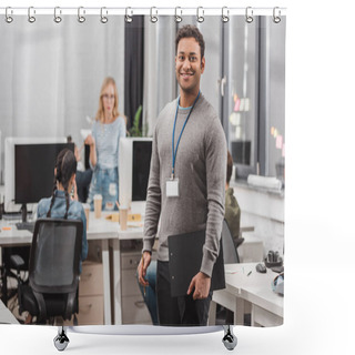 Personality  Happy African American Man With Name Tag And Planchette At Modern Office Shower Curtains