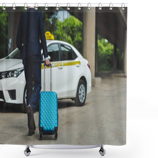 Personality  Back View Of Young Man With Suitcase Running To Taxi Cab Shower Curtains