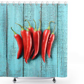 Personality  Top View Of Pile Of Red Ripe Chili Peppers On Blue Wooden Table Shower Curtains
