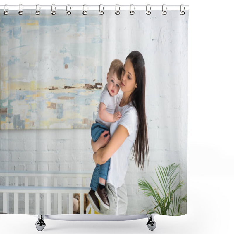 Personality  Young Mother Holding Cute Baby Boy In Hands At Home Shower Curtains