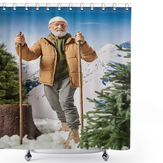 Personality  Good Looking Athletic Santa With Ski Poles In Hands Standing On Snow Next To Trees, Winter Concept Shower Curtains